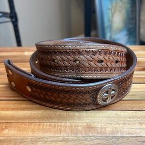 Mens Brown Tooled Leather Western Belt Cross Concho Basketweave Size 38 39
